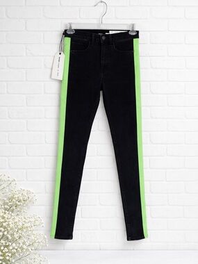 Rag & Bone NWT Mazie Black Lime Tuxedo Stripe Skinny Jeans Size 24